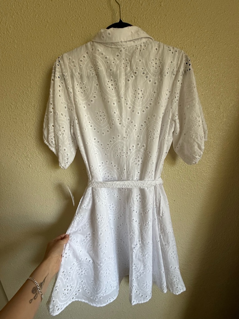 White Eyelet Tie-Waist Mini Dress - Picture 3 of 6